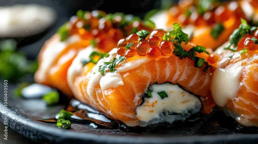 The image showcases sushi rolls topped with salmon, garnished with herbs and roe, offering a vibrant and appetizing view. Ideal for culinary enthusiasts and food lovers. The image showcases sushi rolls topped with salmon, garnished with herbs and roe, offering a vibrant and appetizing view. Ideal for culinary enthusiasts and food lovers.