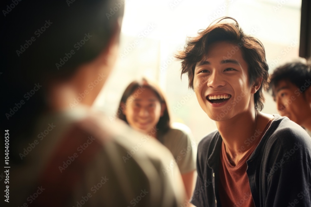 Asian person interacting with friends laughing adult smile. Asian person interacting with friends laughing adult smile.