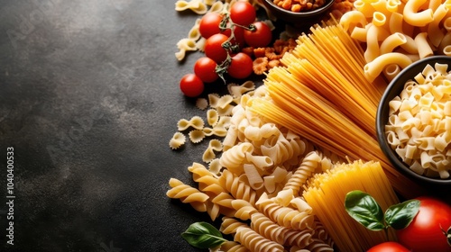 The assortment features various types of pasta beautifully laid out with cherry tomatoes and basil on display. A feast for food lovers and culinary artists alike. photo