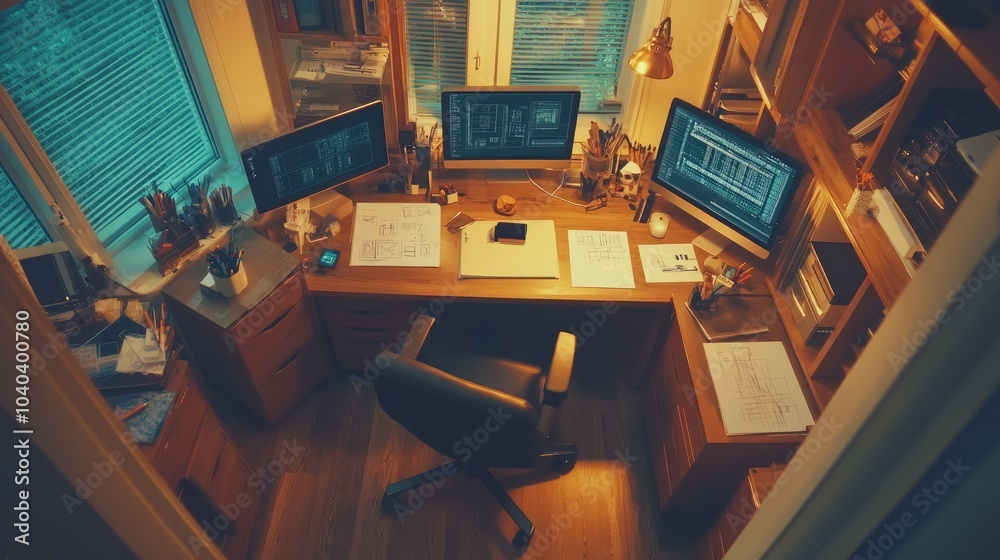 Modern home office with three monitors, a wooden desk, and a black office chair. Modern home office with three monitors, a wooden desk, and a black office chair.