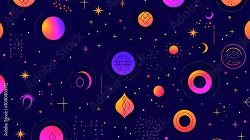 Seamless pattern of planets  stars  and celestial bodies on a dark blue background.