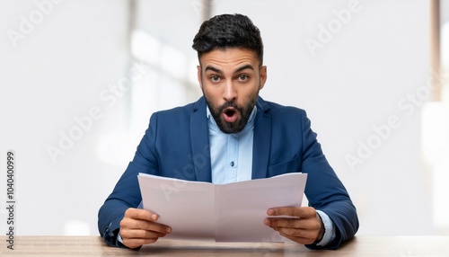 Shocked Young Businessman Reading Document At Desk photo