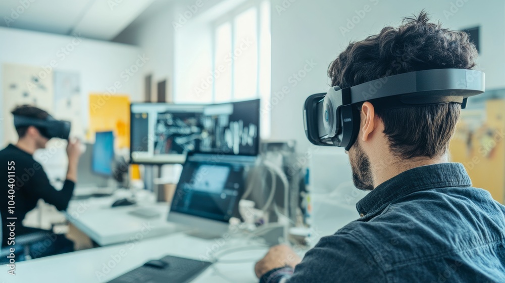An augmented reality development studio with developers testing AR glasses and holographic displays, Innovative style, photo of An augmented reality development studio with developers testing AR glasses and holographic displays, Innovative style, photo of