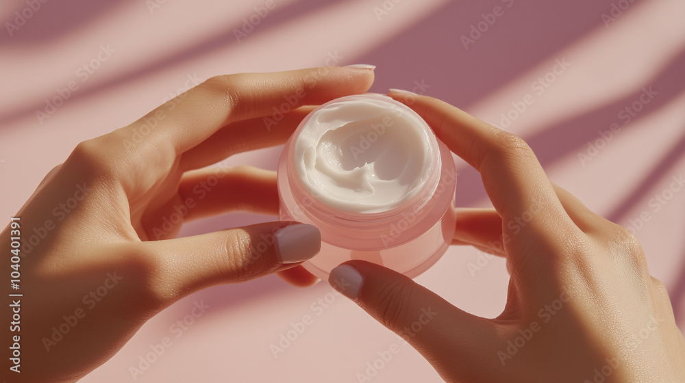 Moisturizing cream in hand for dry winter skin care, Winter hydrating cream held in hand with soft pink background. Cosmetic shot, beauty industry advertising photo. Moisturizing cream in hand for dry winter skin care, Winter hydrating cream held in hand with soft pink background. Cosmetic shot, beauty industry advertising photo.