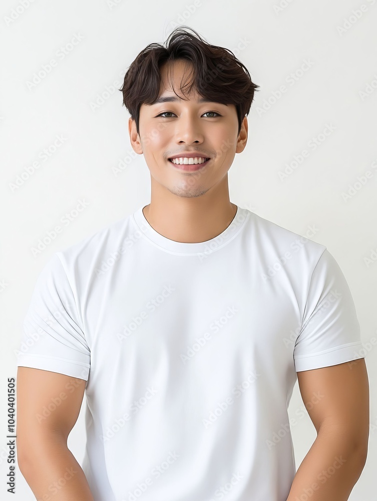 A young man wearing a white t-shirt poses for a picture A young man wearing a white t-shirt poses for a picture