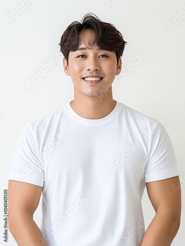 A young man wearing a white t-shirt poses for a picture