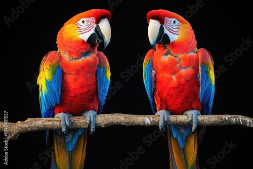 Pair of brightly colored macaws, red and blue feathers glowing, perched on a branch, sharp detail against a rich black background photo