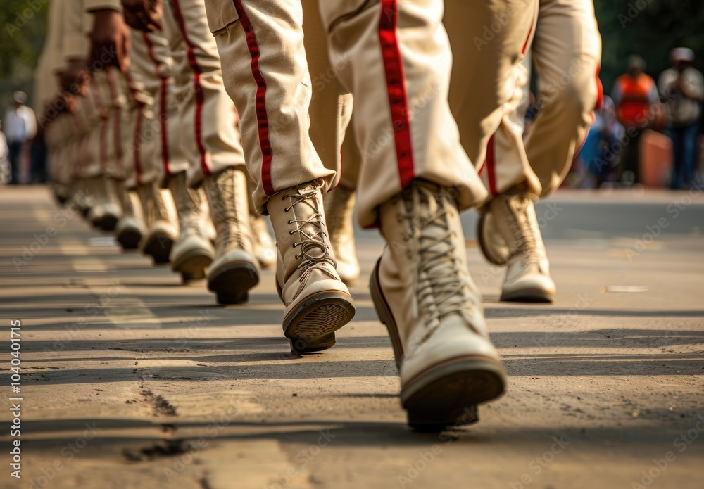 Closeup of army soldiers marching in formation on military parade ground Closeup of army soldiers marching in formation on military parade ground