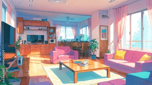 Cute living room perspective anime style with pastel colors background