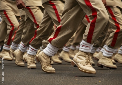 Closeup of army soldiers marching in formation on military parade ground