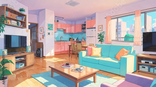 Cute living room perspective anime style with pastel colors background
