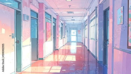 Cute hallway perspective anime style with pastel colors background
