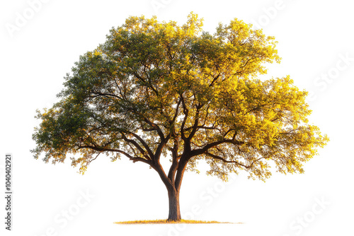 A large tree with a lot of leaves is standing in a field. on transparent background