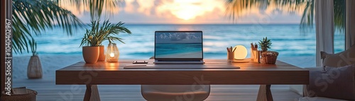 A minimalist desk setup in a beachside bungalow, with soft lighting and ocean sounds