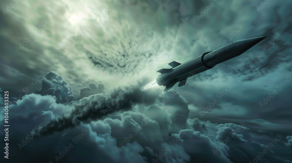 Fototapeta premium Modern Missile Traverses Dramatic Cloudy Sky Symbolizing Imminent Threat and High Velocity