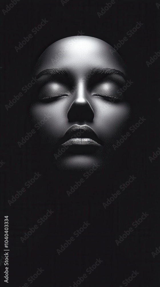 A serene, monochromatic portrait of a face with closed eyes, set against a dark background, conveying tranquility and introspection. A serene, monochromatic portrait of a face with closed eyes, set against a dark background, conveying tranquility and introspection.