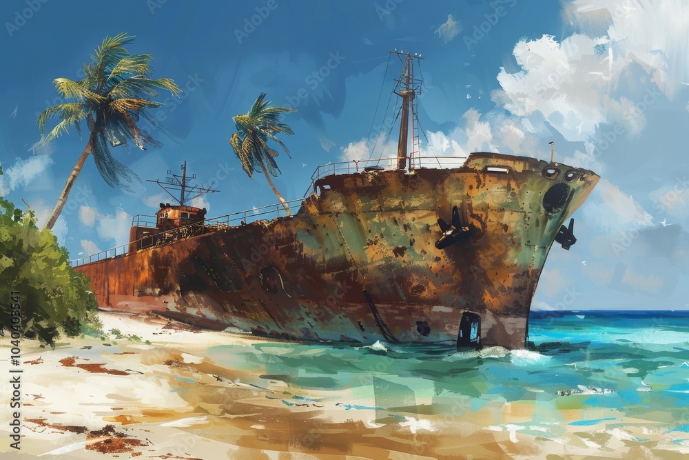 Eerie Abandoned Oil Tanker on Deserted Island with Crude Oil Leak at Sunset Eerie Abandoned Oil Tanker on Deserted Island with Crude Oil Leak at Sunset