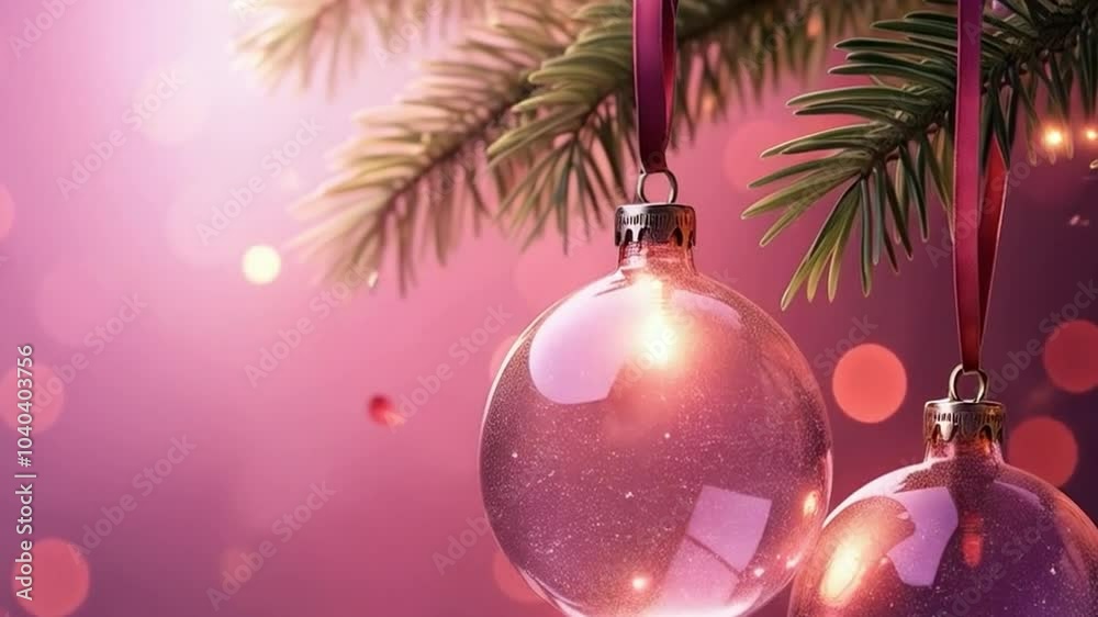 Christmas ornaments hanging on a christmas tree with a pink background