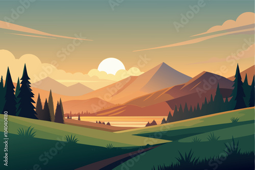 Meadow landscape with mountains and sunrise sky on the background vector flat illustration