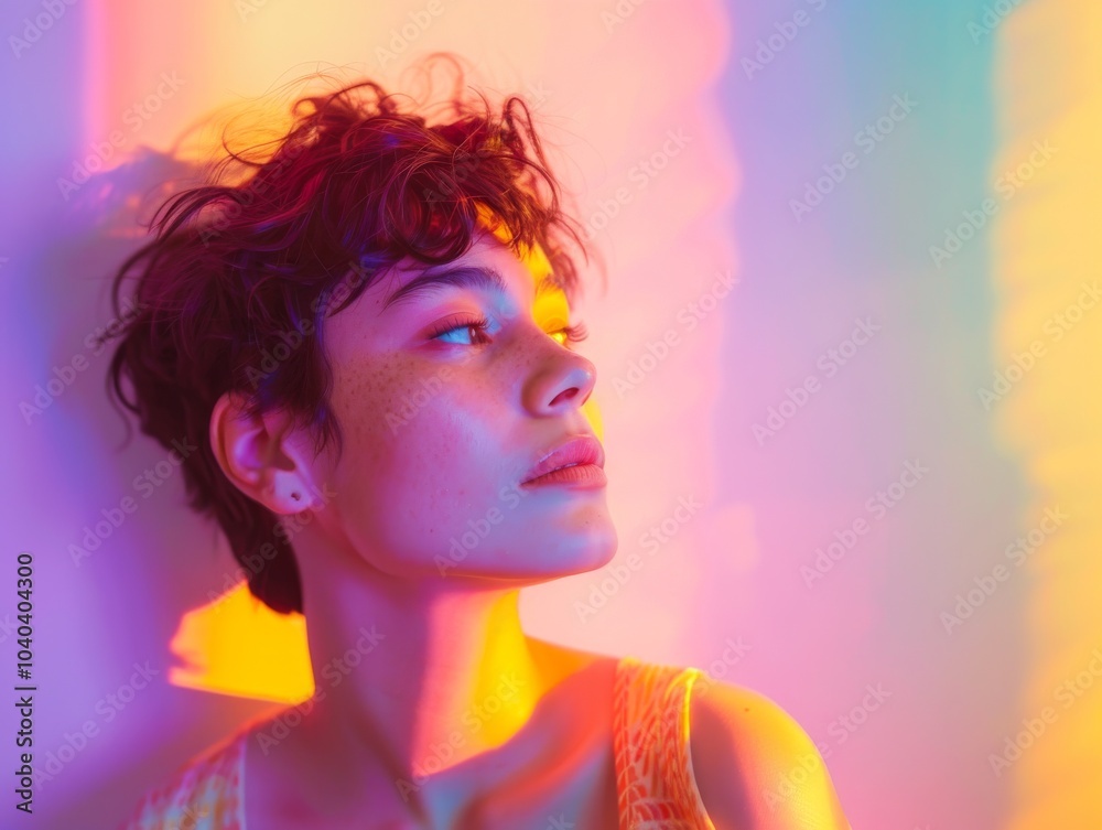 LGBTQ individual in a casual outfit, with a background of colorful geometric shapes, exuding positivity LGBTQ individual in a casual outfit, with a background of colorful geometric shapes, exuding positivity