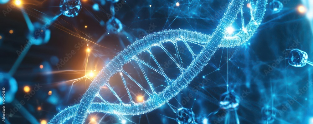 Futuristic illustration of a DNA strand communicating with nearby molecules via light signals, symbolizing genetic coding and information sharing Futuristic illustration of a DNA strand communicating with nearby molecules via light signals, symbolizing genetic coding and information sharing
