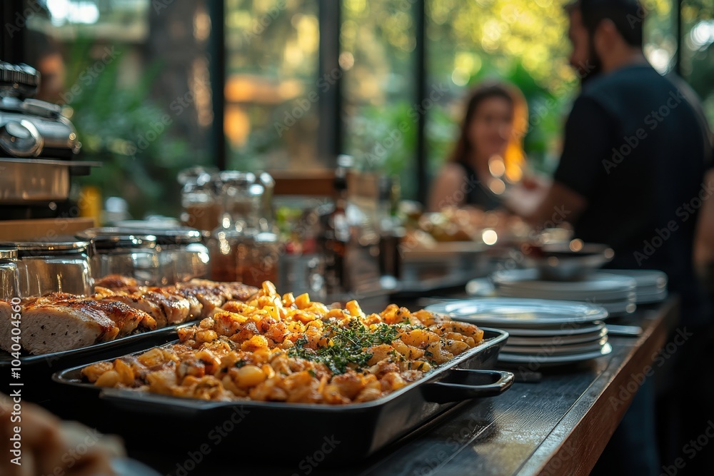 Savory Buffet Spread at a Warm Sunlit Gathering Savory Buffet Spread at a Warm Sunlit Gathering
