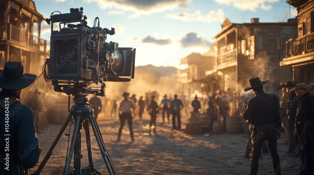 Fototapeta premium A movie set with a camera on a tripod and a group of people in the background