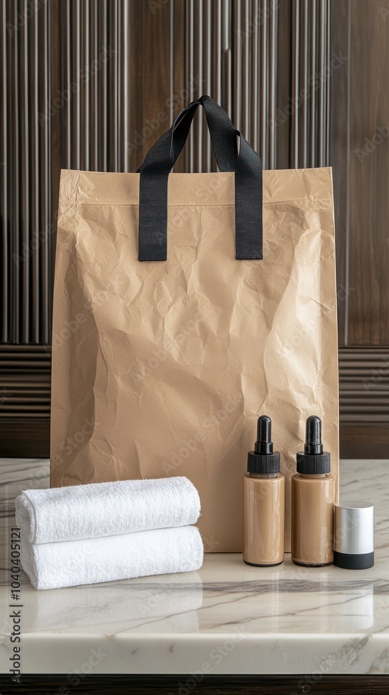 Elegant Spa Essentials in a Chic Brown Paper Bag Displaying Towels and Bottled Products Elegant Spa Essentials in a Chic Brown Paper Bag Displaying Towels and Bottled Products
