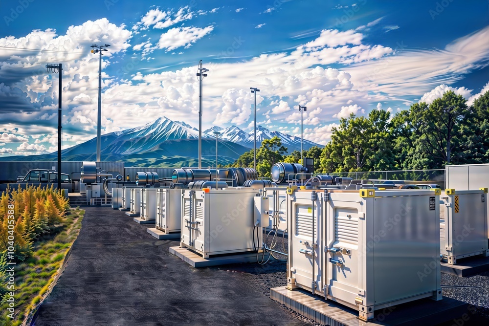 Energy storage facility outdoors. The image shows a modern energy storage system with multiple units in a scenic outdoor setting, with mountains and trees in the background. Energy storage facility outdoors. The image shows a modern energy storage system with multiple units in a scenic outdoor setting, with mountains and trees in the background.
