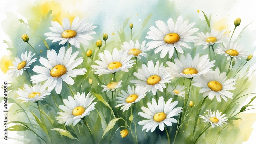 Fototapeta premium Cheerful daisies in soft watercolor style with copy space