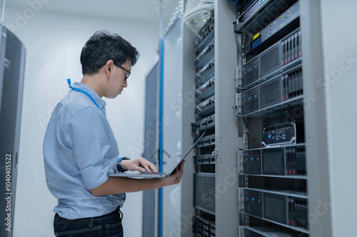 Computer engineer is setting up network in server room,Systems Maintenance Technician,Male engineer working in server room at modern data center