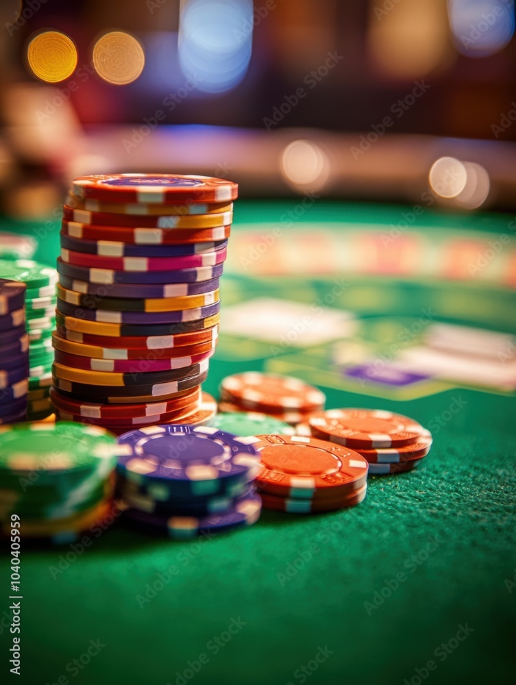 A tall tower of colorful casino chips sits on a green felt table, surrounded by more scattered chips and cards under the casino lights. Generative AI A tall tower of colorful casino chips sits on a green felt table, surrounded by more scattered chips and cards under the casino lights. Generative AI