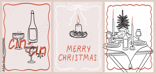 Christmas poster, greeting card or placard set. Retro vintage new year drawing in doodle line art print style. Hand drawn ink drawing of served table ready for xmas dinner. Wine or champagne drinks.