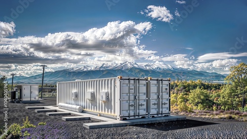 Mountain energy storage. Two large white energy storage containers are installed on a platform against a backdrop of a mountain landscape, symbolizing energy independence and sustainability.