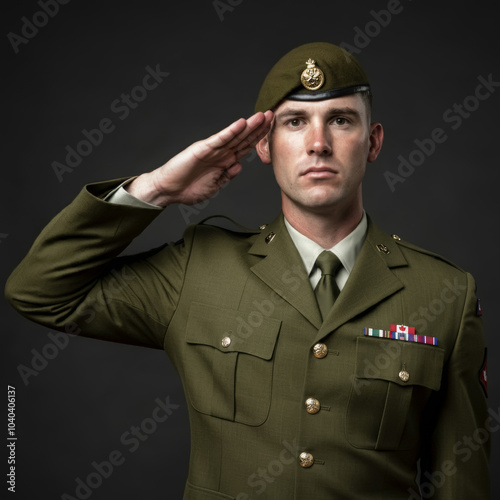 Canadian soldiers giving salute during ceremony military, glory and honor, dignified military uniform photo