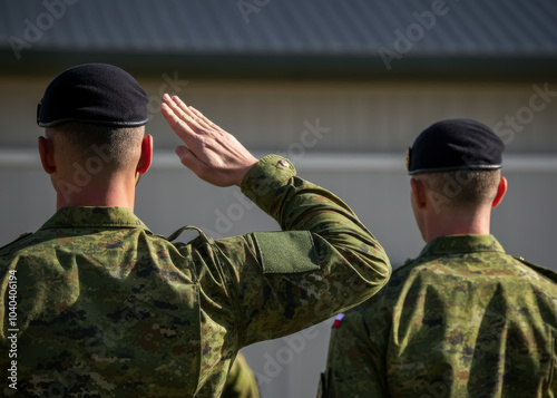 Canadian soldiers giving salute during ceremony military, glory and honor, dignified military uniform photo