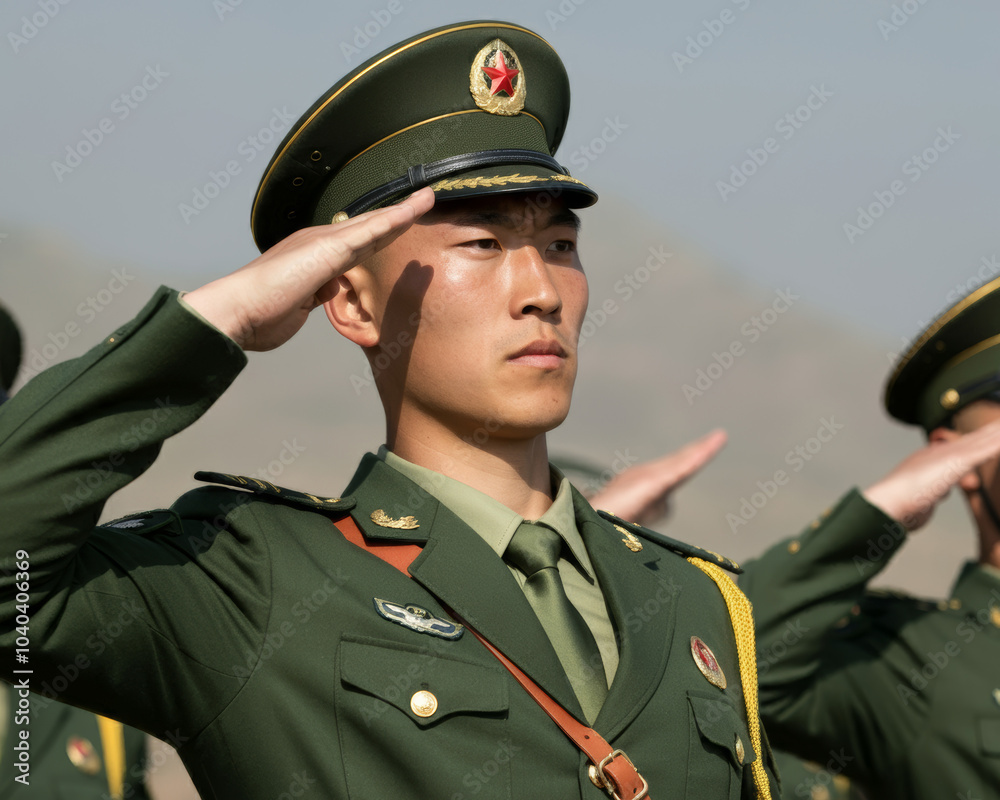 Chinese soldiers giving salute during ceremony military, glory and honor, dignified military uniform Chinese soldiers giving salute during ceremony military, glory and honor, dignified military uniform