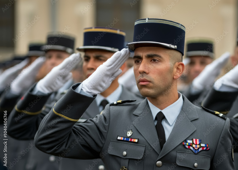 French soldiers giving salute during ceremony military, glory and honor, dignified military uniform French soldiers giving salute during ceremony military, glory and honor, dignified military uniform