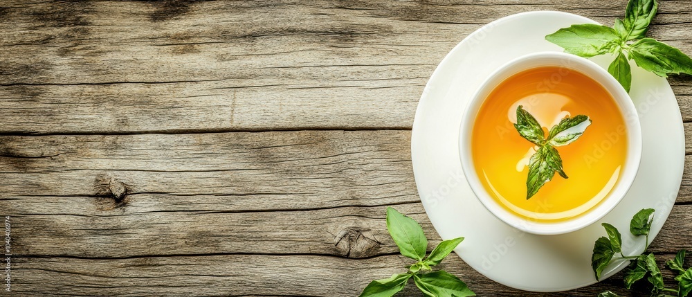 A refreshing cup of herbal tea with mint leaves on a rustic wooden table. A refreshing cup of herbal tea with mint leaves on a rustic wooden table.
