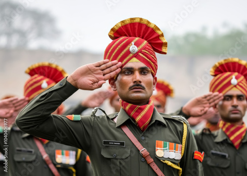 Indian soldiers giving salute during ceremony military, glory and honor, dignified military uniform