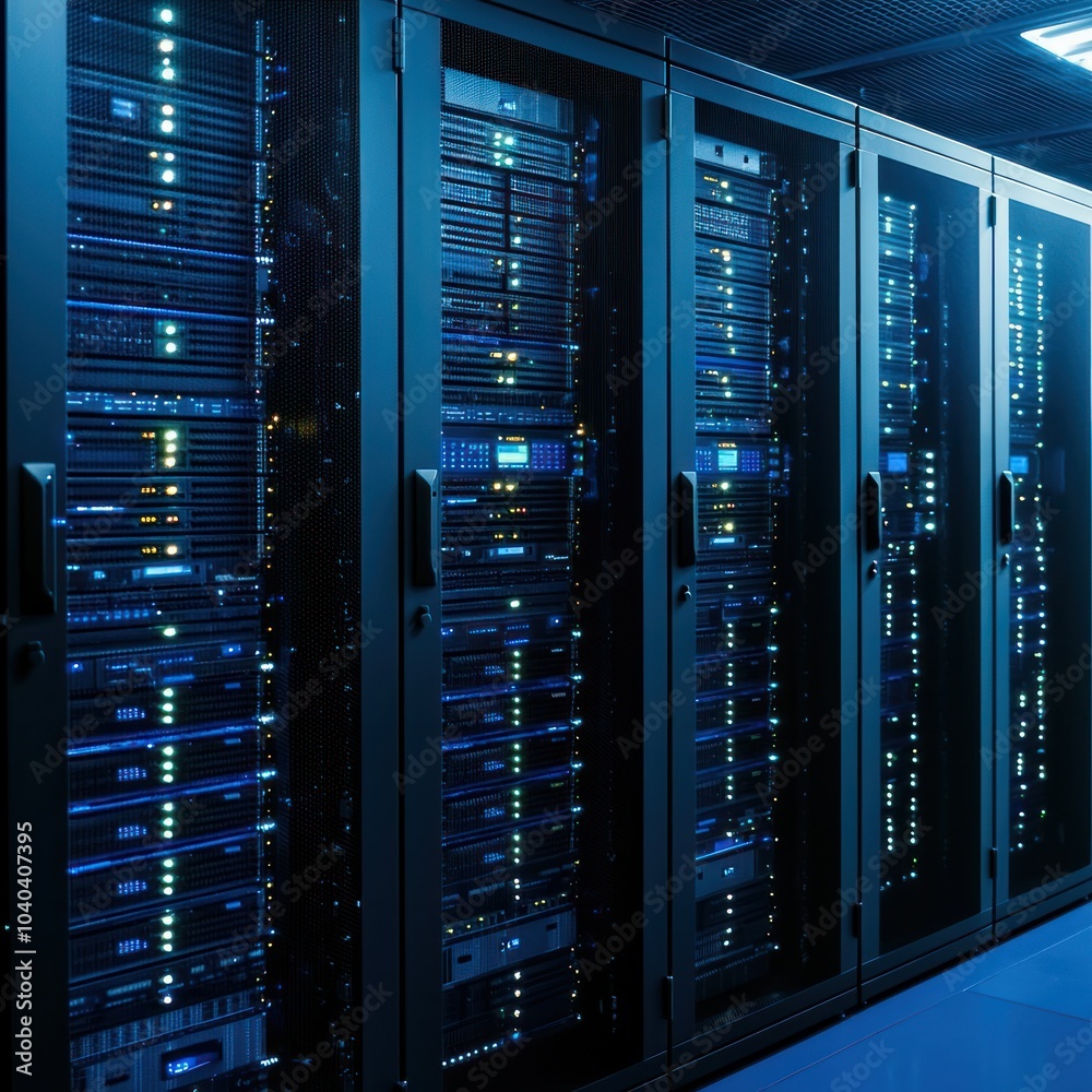 High-Tech Data Center with Server Racks Illuminated by Blue Lights in a Modern Environment High-Tech Data Center with Server Racks Illuminated by Blue Lights in a Modern Environment