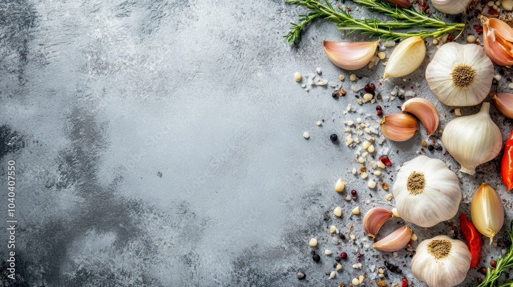 Obraz premium A vibrant collection of garlic, herbs, and spices arranged on a rustic surface, perfect for culinary inspiration.