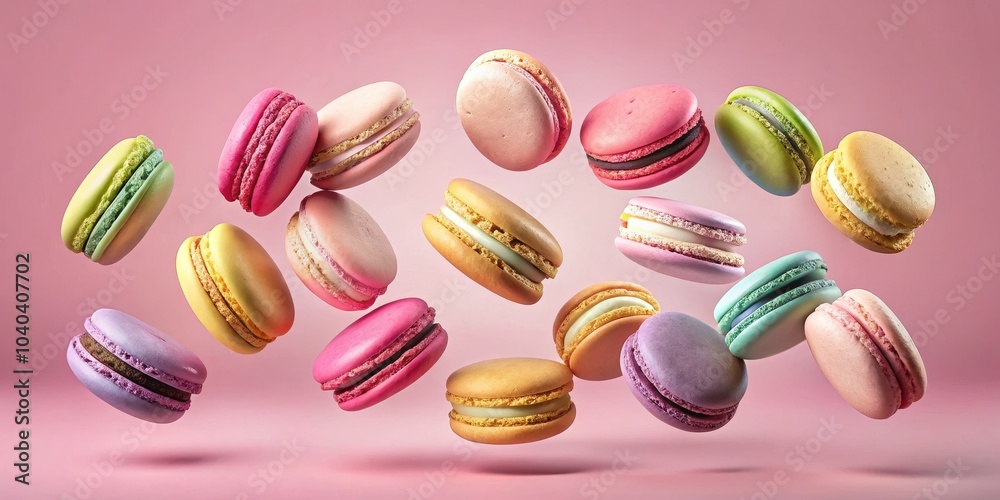 Colorful Macarons Floating on Pink Background, Macaron Composition, French Pastry, Macaron Dessert, Sweet Treats Colorful Macarons Floating on Pink Background, Macaron Composition, French Pastry, Macaron Dessert, Sweet Treats