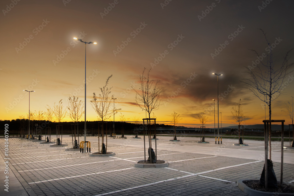 Φωτογραφία modern empty parking lot with bright LED street lights at sunset