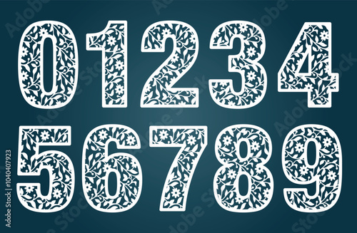 Laser cut template. Set of laser cutting numbers. Fancy floral alphabet. May be used for paper cutting. Floral wooden alphabet font. Filigree cutout pattern. Vector illustration.