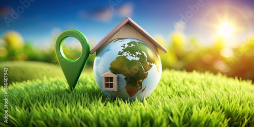 Green Earth Home With A Pin Location, 3D Render, House, Globe, Green, Location