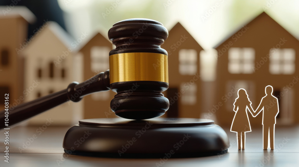 wooden gavel rests in front of paper cutouts of couple and houses, symbolizing real estate law and family decisions. scene conveys sense of legal authority and domestic matters wooden gavel rests in front of paper cutouts of couple and houses, symbolizing real estate law and family decisions. scene conveys sense of legal authority and domestic matters