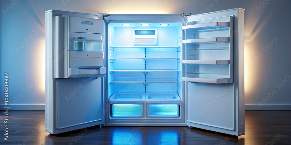 Open Refrigerator with Blue Light, Empty shelves and White Interior, 3D Render, Kitchen, Appliance, Refrigeration Open Refrigerator with Blue Light, Empty shelves and White Interior, 3D Render, Kitchen, Appliance, Refrigeration