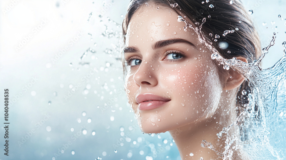 Refreshing face with water splashes for hydration, Skincare with water effect, healthy complexion and fresh look. Cosmetic shot, beauty industry advertising photo. Refreshing face with water splashes for hydration, Skincare with water effect, healthy complexion and fresh look. Cosmetic shot, beauty industry advertising photo.