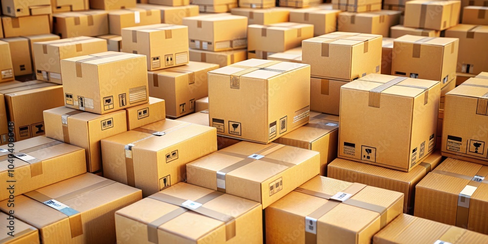 Stacked Cardboard Boxes with Labels and Tape, Packaging , Delivery, Cardboard Stacked Cardboard Boxes with Labels and Tape, Packaging , Delivery, Cardboard